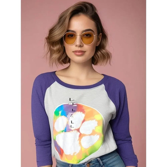 NWT Clemson Tigers Women's Large Purple/Gray Tie Dye Logo Graphic Raglan T-Shirt - Picture 1 of 5